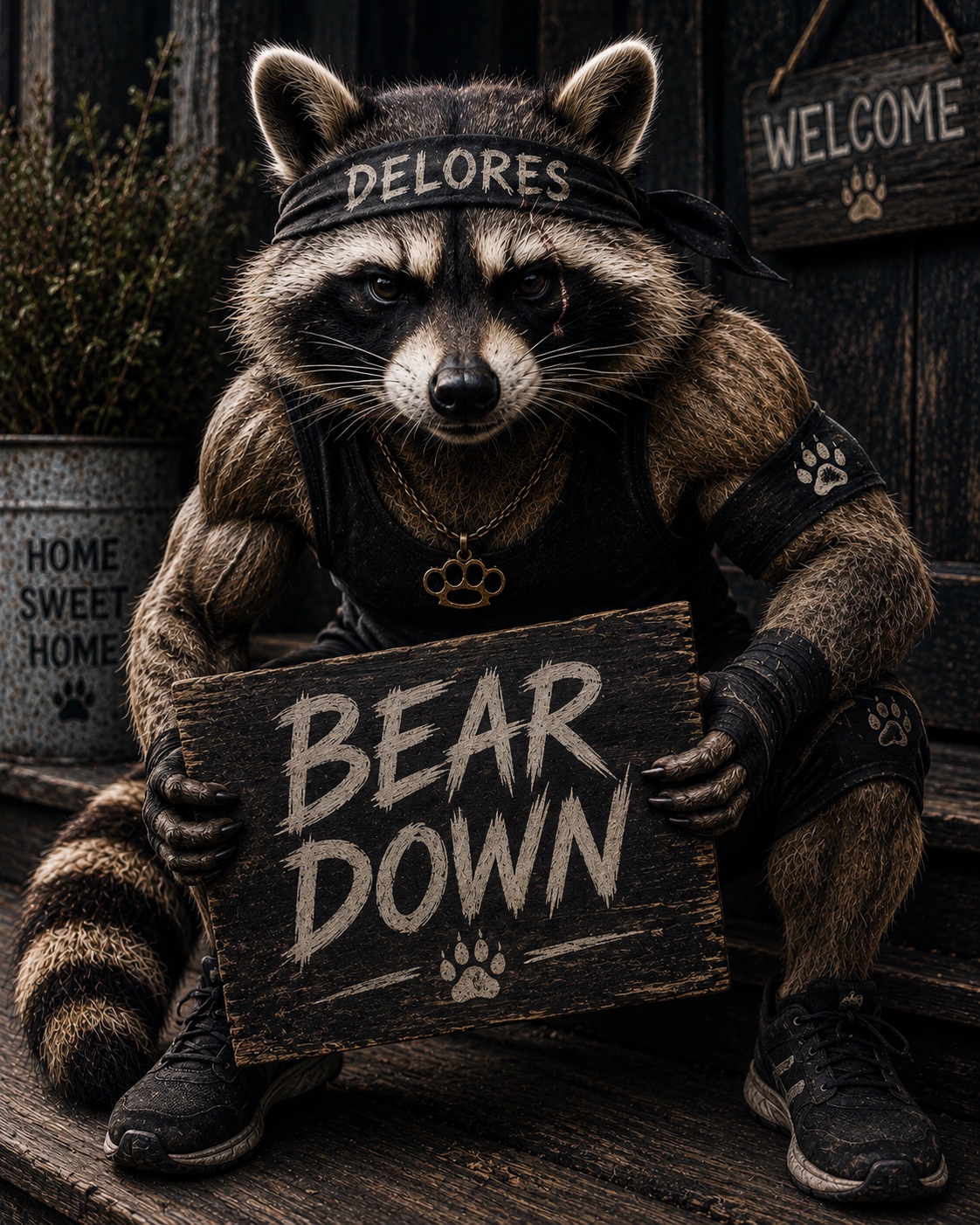 A muscular raccoon in a headband reading DELORES, holding a weathered wooden sign that says BEAR DOWN.